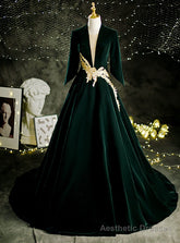 Dark Green Velvet Long Sleeve Appliques Prom Dress